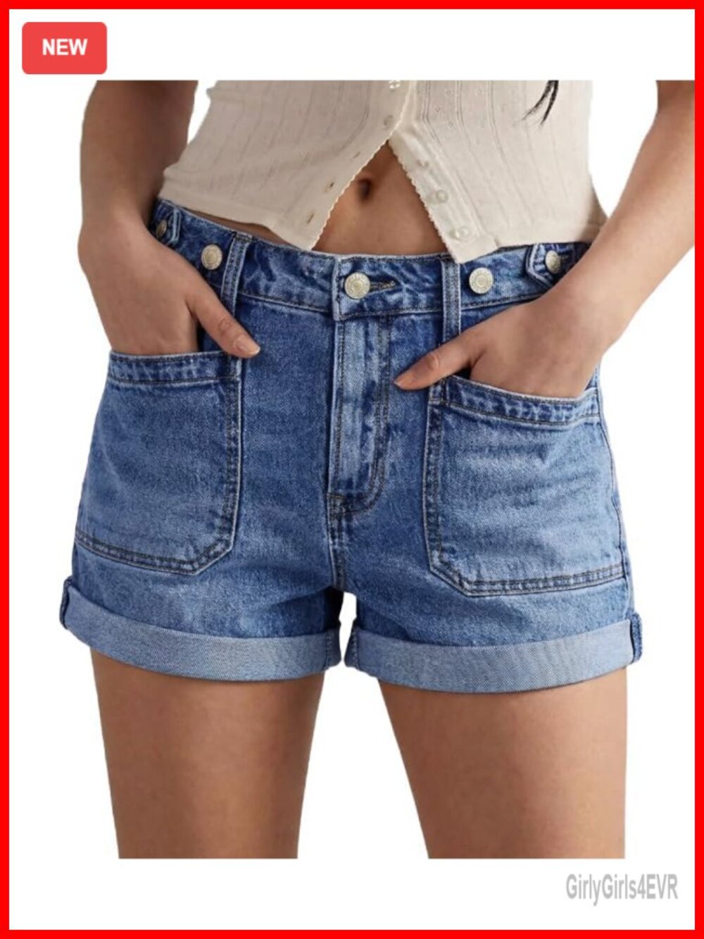 Women's Mid Rise Stretchy Jean Shorts with Adjustable Waist, 4 Buttons